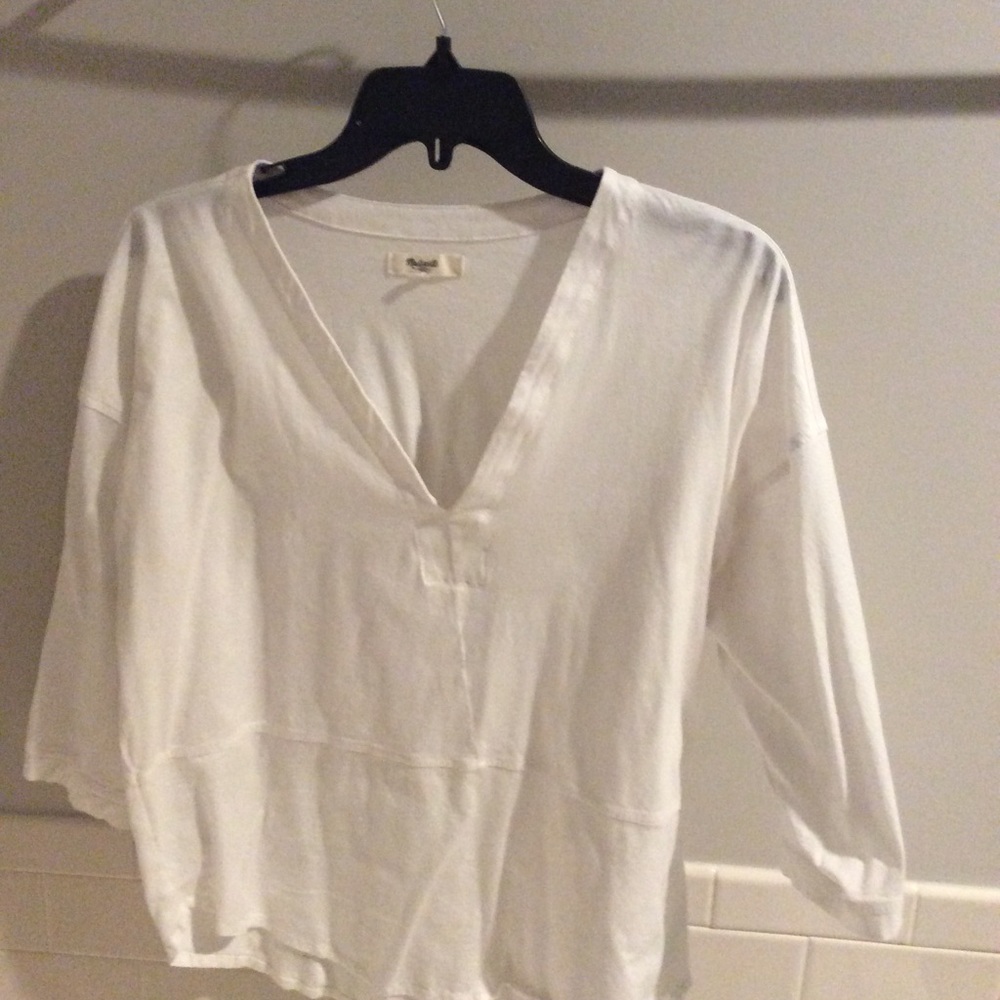 White 3/4 sleeve white cotton v neck mixed media popover shirt